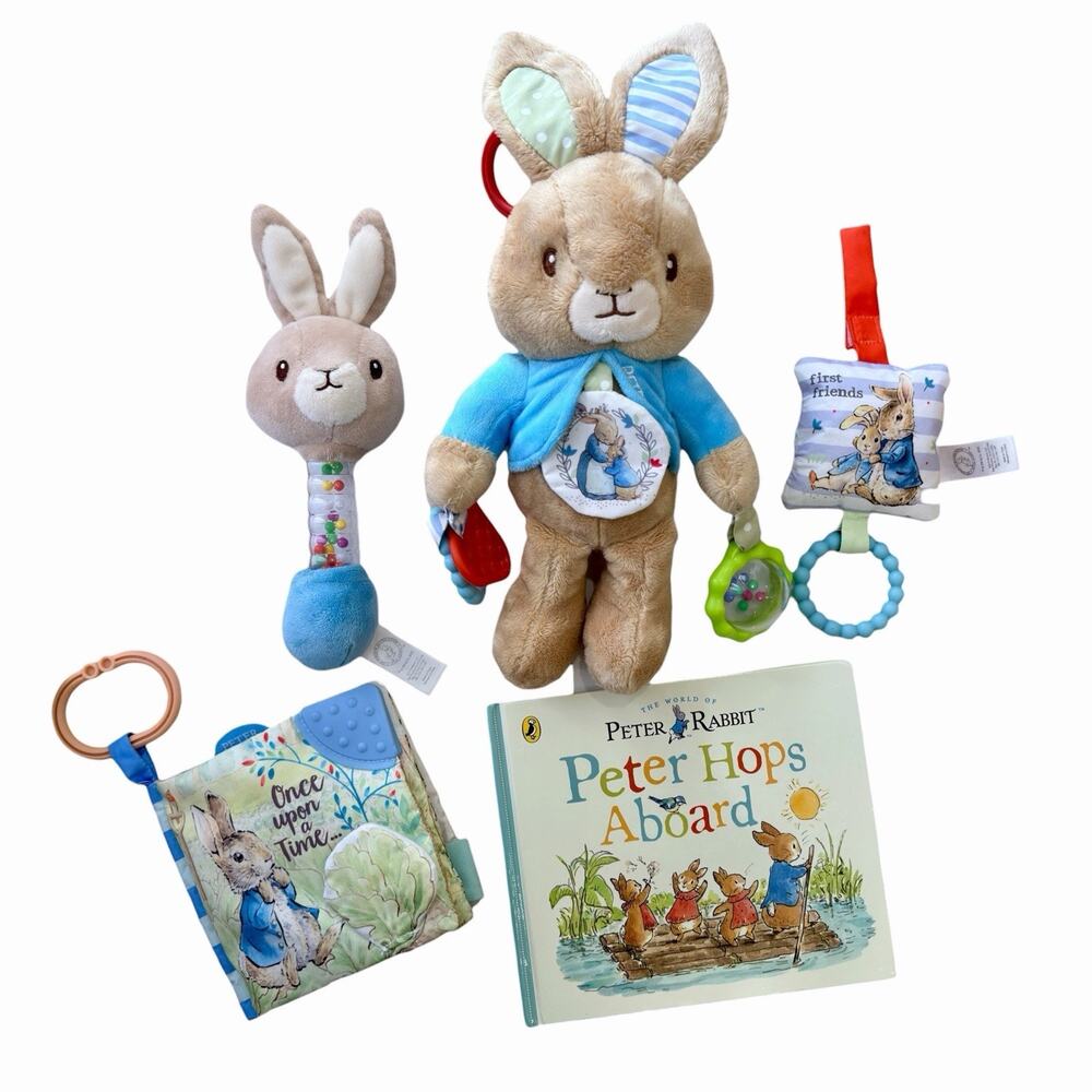 Peter Rabbit Baby Toy Book Lot Of 5 Beatrix Potter Activity Plush Rattle Teether